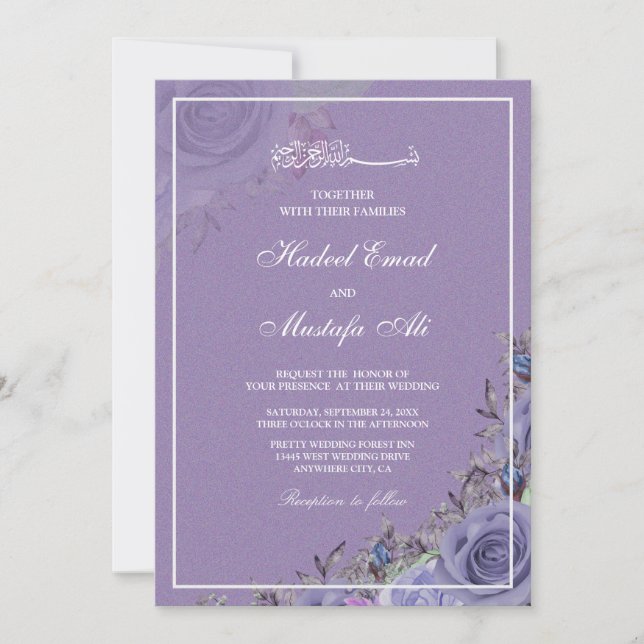 Invitaciones moradas a bodas de musulmanes florale (Anverso)
