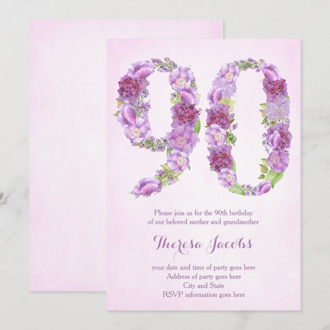 invitaciones moradas de 90 años, 90° tarjetas de F (Anverso / Reverso)