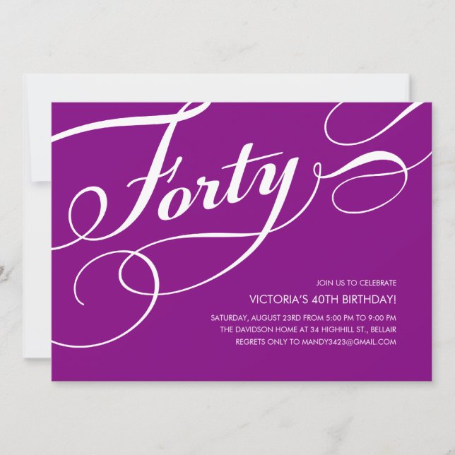Invitaciones moradas de cumpleaños número 40 (Anverso)