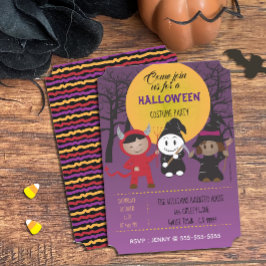 Invitaciones moradas de la fiesta de Halloween con