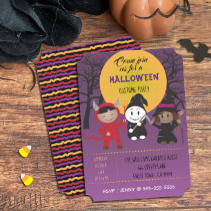 Invitaciones moradas de la fiesta de Halloween con