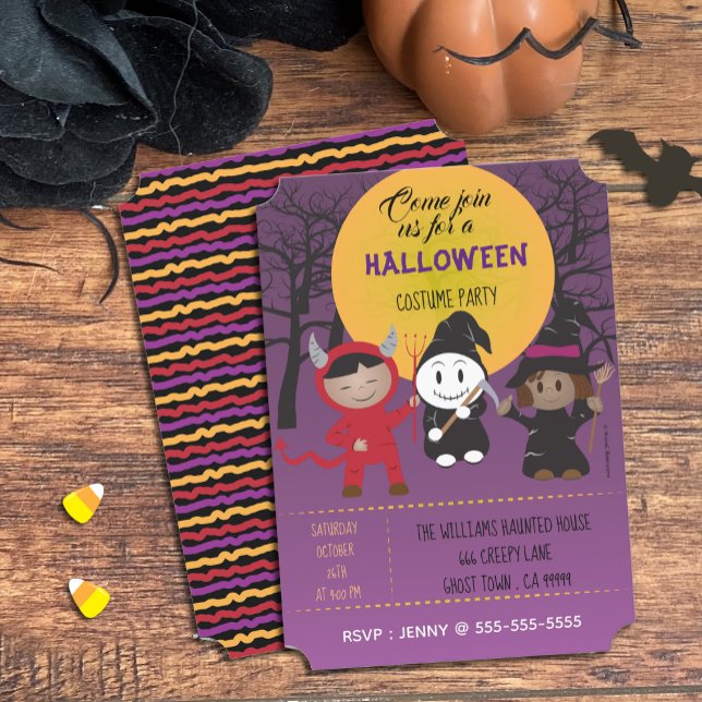 Invitaciones moradas de la fiesta de Halloween con (Subido por el creador)