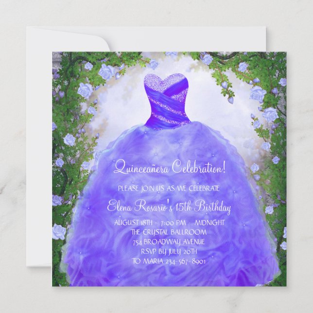 Invitaciones Moradas de Quinceañera con Rosas Purp (Anverso)