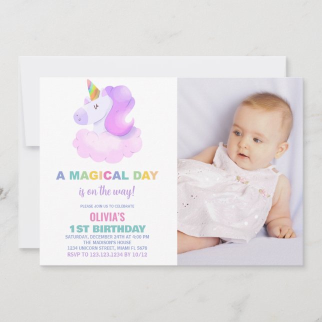 Invitaciones moradas de unicornio con foto (Anverso)