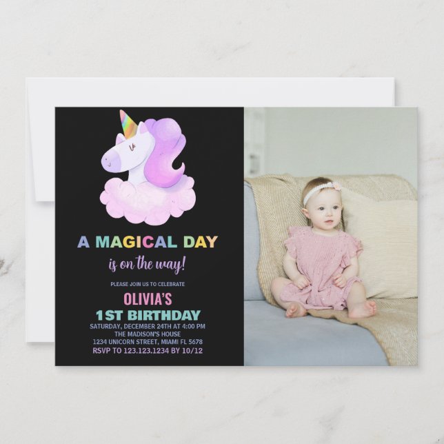 Invitaciones moradas de unicornio con foto (Anverso)