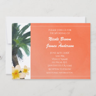 Invitaciones naranjas de Palm Tree y Plumeria Trop