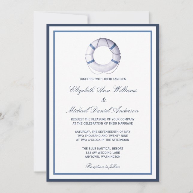 Invitaciones náuticas azules de la boda del anillo (Anverso)