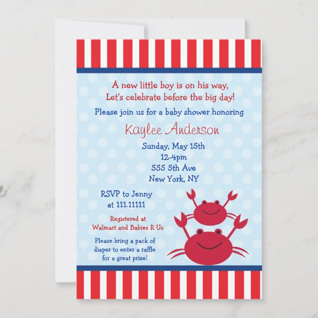 Invitaciones náuticas de Baby Shower del cangrejo (Anverso)