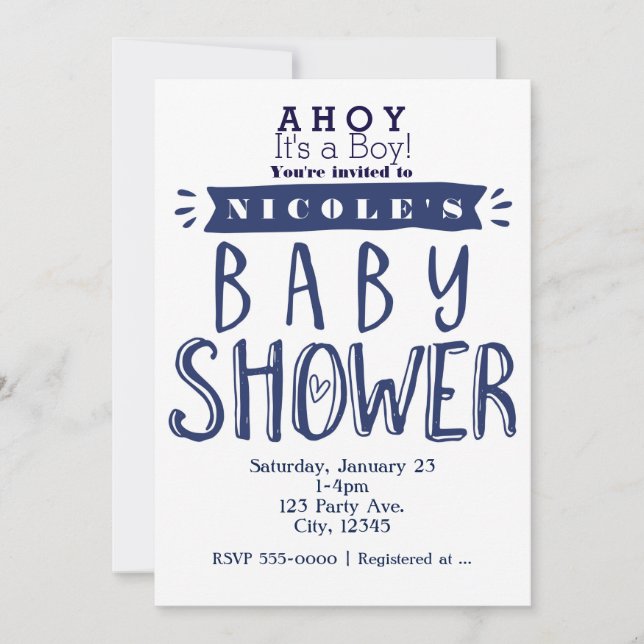 Invitaciones náuticas de Baby Shower White & Navy  (Anverso)