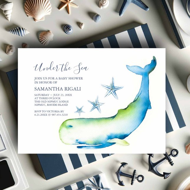 Invitaciones Náuticas De Ducha De Bebé Acuarela Ba (Nautical baby shower theme watercolor blue whale art by Victoria Grigaliunas Do Tell A Belle)