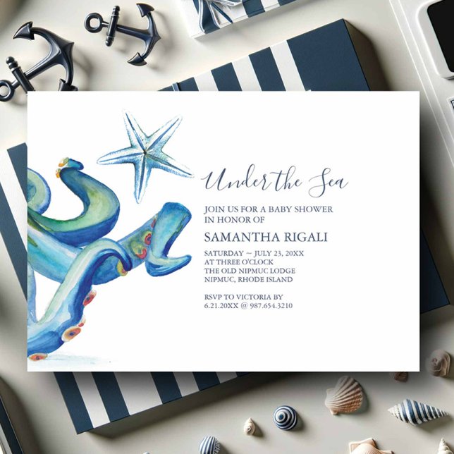Invitaciones Náuticas De Ducha De Bebé Para Niño (Nautical baby shower invitations watercolor blue octopus and starfish under the sea theme)