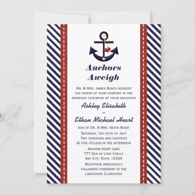Invitaciones náuticas de la boda del ancla roja de (Anverso)