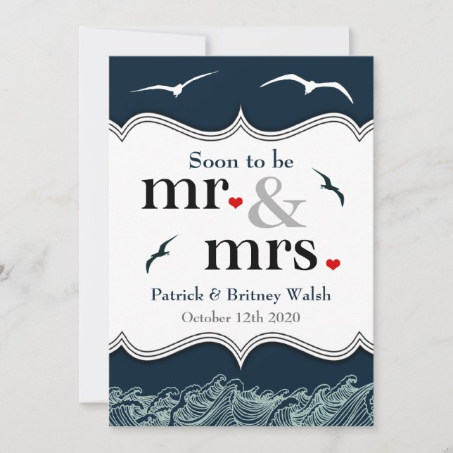 Invitaciones náuticas del azul marino y blancas de (Anverso)