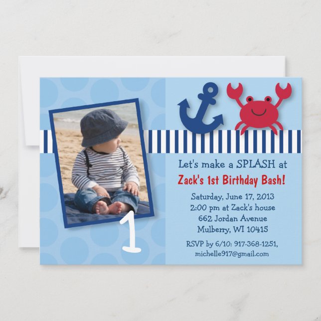 Invitaciones náuticas del cumpleaños del cangrejo (Anverso)