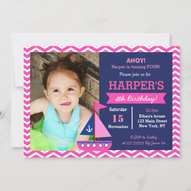 Invitaciones náuticas del cumpleaños del chica (Anverso)