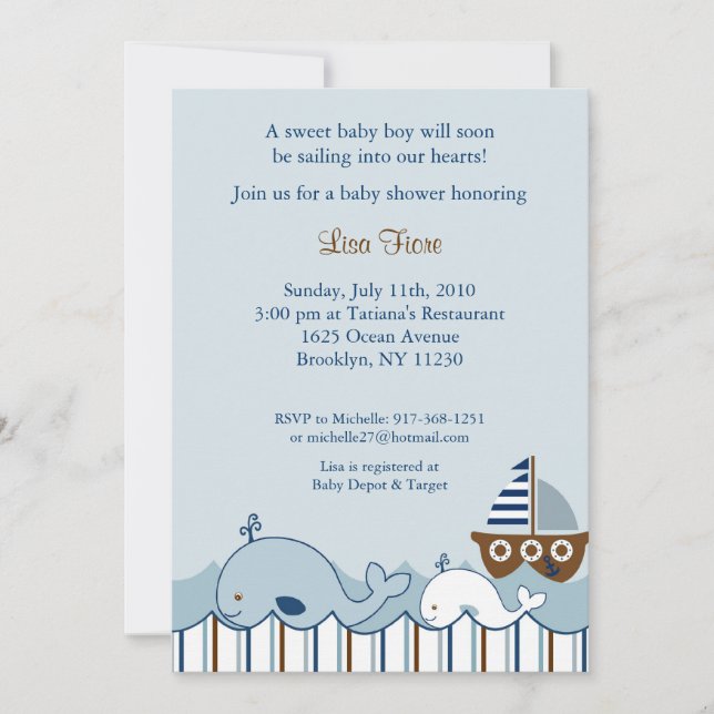 Invitaciones Náuticas para la ducha de bebé de bal (Anverso)
