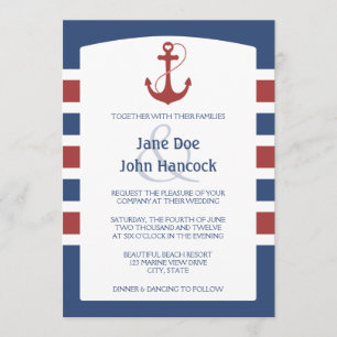 Invitaciones náuticas rojas y azules de la boda