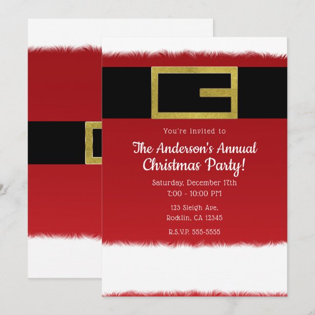 Invitaciones Navideñas de Santa Claus con Cinturón (Anverso / Reverso)