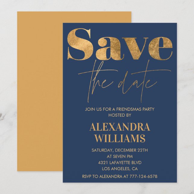 invitaciones Navy Gold Friendsmas Guarde la fecha (Anverso / Reverso)