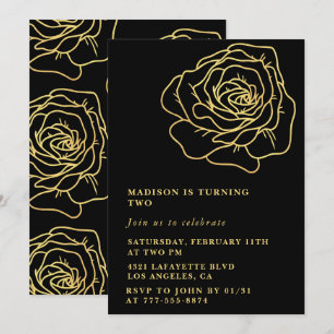 Invitaciones negras de 2º cumpleaños Floral dorado