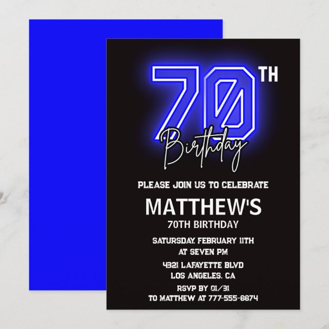 Invitaciones negras de 70 cumpleaños Modernas Depo (Anverso / Reverso)