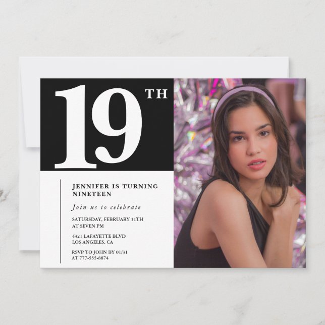 Invitaciones negras de cumpleaños 19 para chica Ch (Anverso)