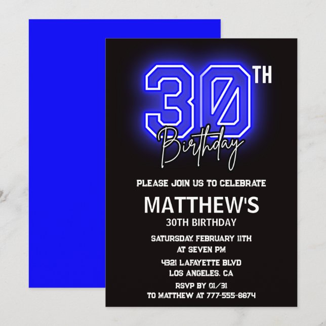 Invitaciones negras de cumpleaños 30 para hombres  (Anverso / Reverso)