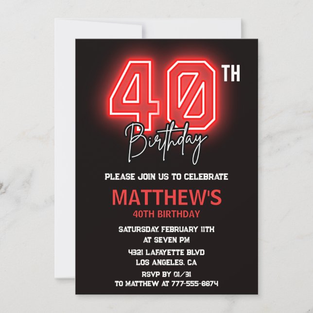 Invitaciones negras de cumpleaños 40 para hombres  (Anverso)