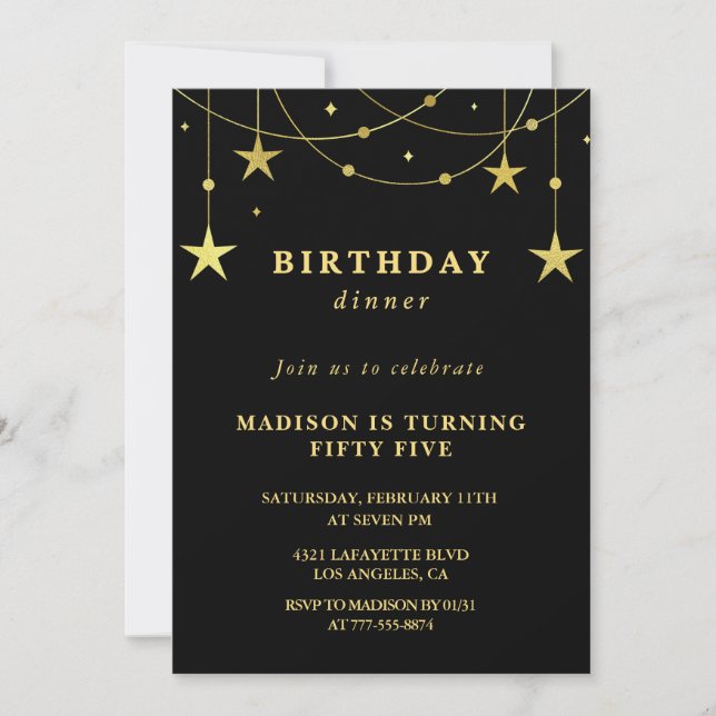 Invitaciones negras de cumpleaños 55 con Estrellas (Anverso)