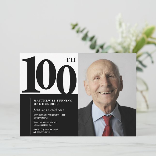 Invitaciones negras de cumpleaños número 100 Elega (Anverso de pie)