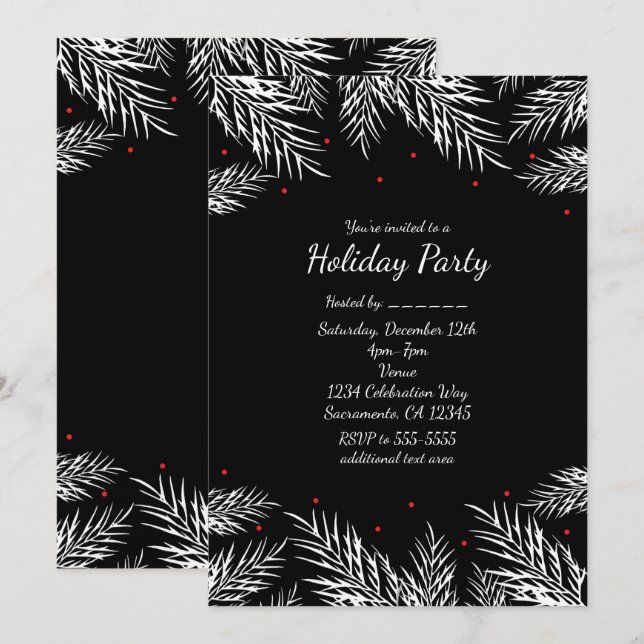 Invitaciones Negras de Fiesta con Pino Blanco y Ba (Anverso / Reverso)