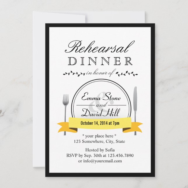 Invitaciones negras de la cena del ensayo de la (Anverso)