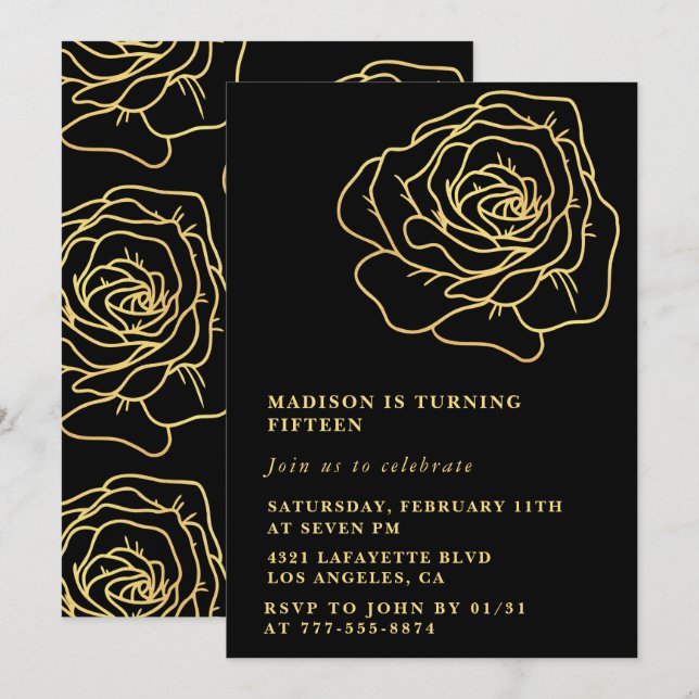 Invitaciones negras para 15 cumpleaños con flores  (Anverso / Reverso)