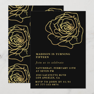 Invitaciones negras para 15 cumpleaños con flores