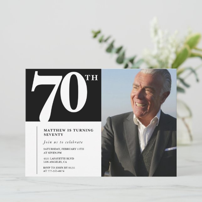 Invitaciones negras para 70 cumpleaños Modernas Ch (Anverso de pie)