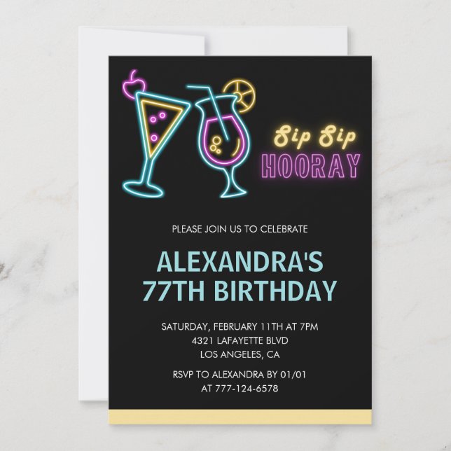 Invitaciones negras para 77 cumpleaños Cocktail Ne (Anverso)