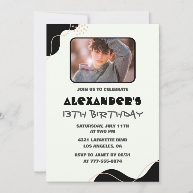 Invitaciones negras para cumpleaños 13 niño Simple (Anverso)