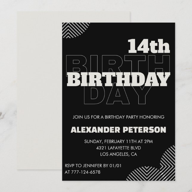 Invitaciones negras para cumpleaños 14 Party Niño (Anverso / Reverso)