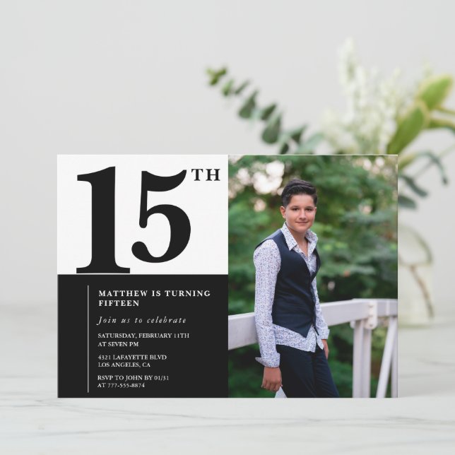Invitaciones negras para cumpleaños 15 Elegante Ch (Anverso de pie)