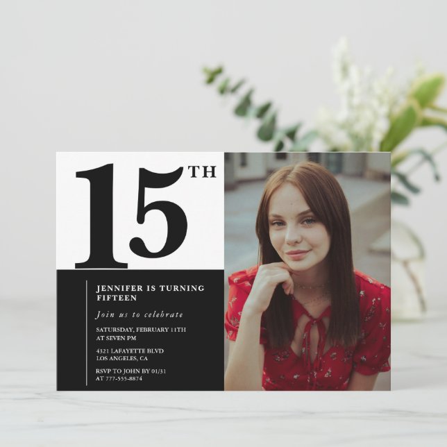 Invitaciones negras para cumpleaños 15 Elegante Ch (Anverso de pie)