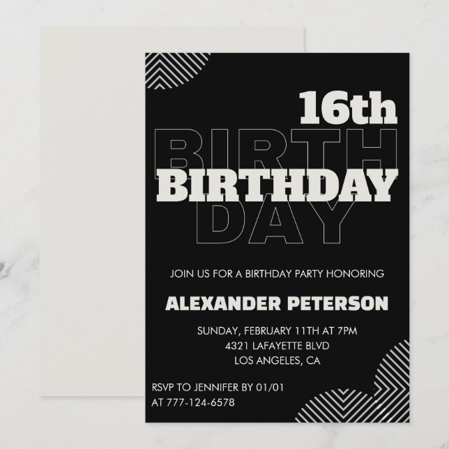 Invitaciones negras para cumpleaños 16 hombres fie (Anverso / Reverso)