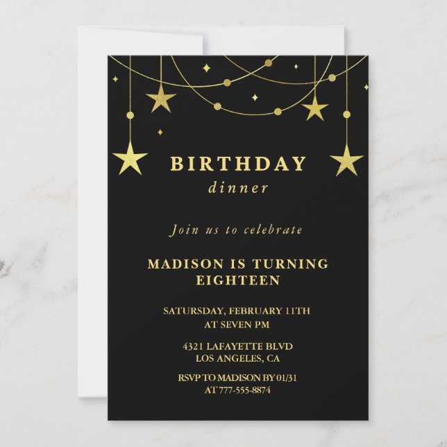 Invitaciones negras para cumpleaños 18 con estrell (Anverso)