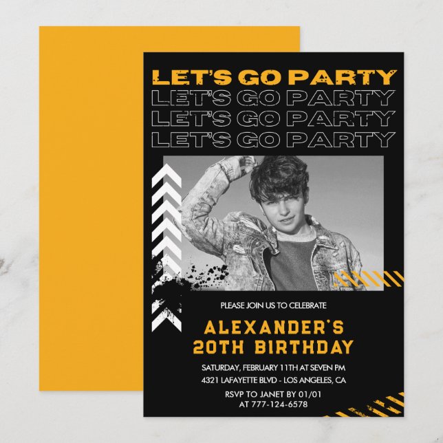 Invitaciones negras para cumpleaños 20 hombres Fot (Anverso / Reverso)