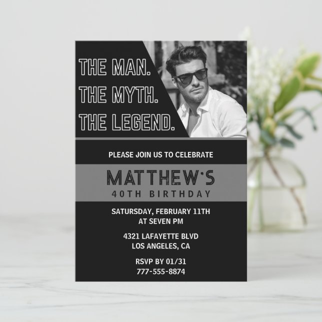 invitaciones negras para cumpleaños 40 The Man The (Anverso de pie)