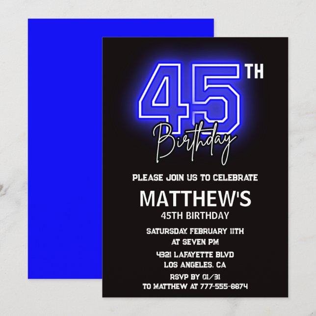 Invitaciones negras para cumpleaños 45 hombres dep (Anverso / Reverso)