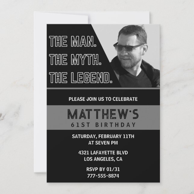 Invitaciones negras para cumpleaños 61 The Man The (Anverso)