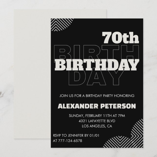 Invitaciones negras para cumpleaños 70 hombres Fie (Anverso / Reverso)
