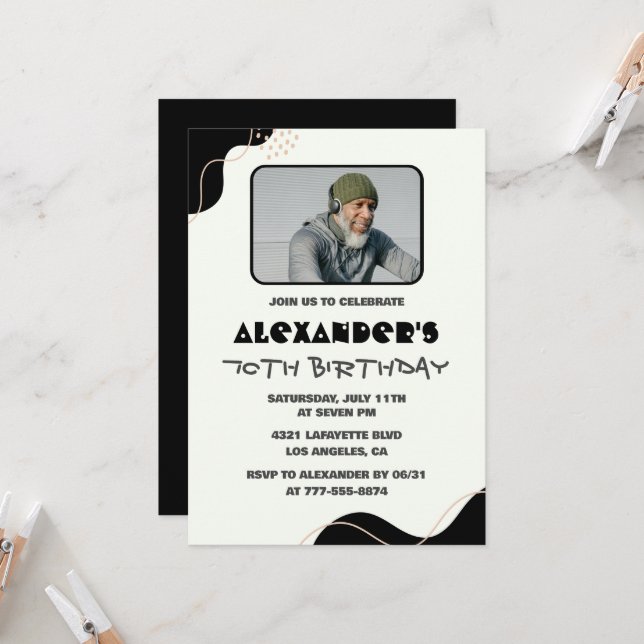 Invitaciones negras para cumpleaños 70 hombres sim (Anverso/Reverso In Situ)