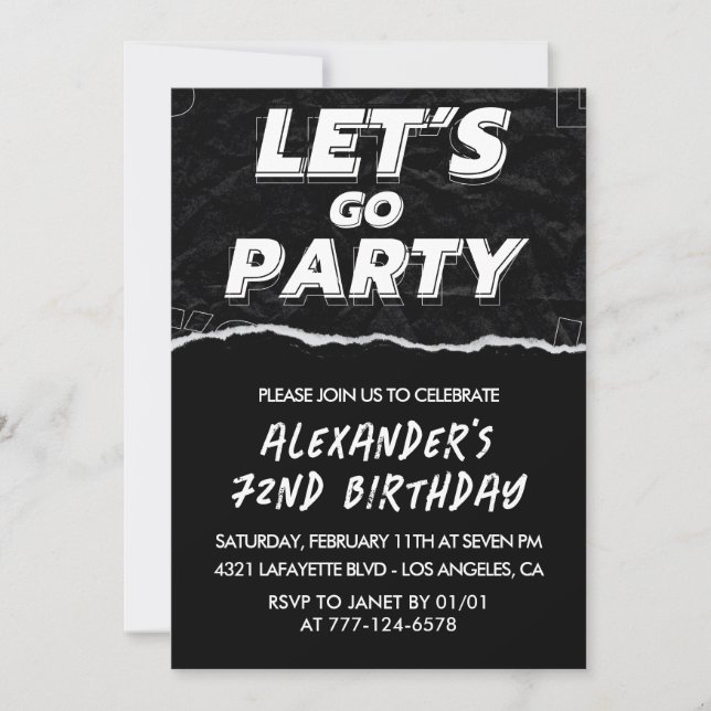 Invitaciones negras para cumpleaños 72 hombres bla (Anverso)