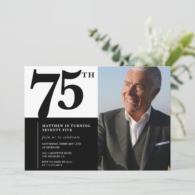 Invitaciones negras para cumpleaños 75 Elegante Ch (Anverso de pie)